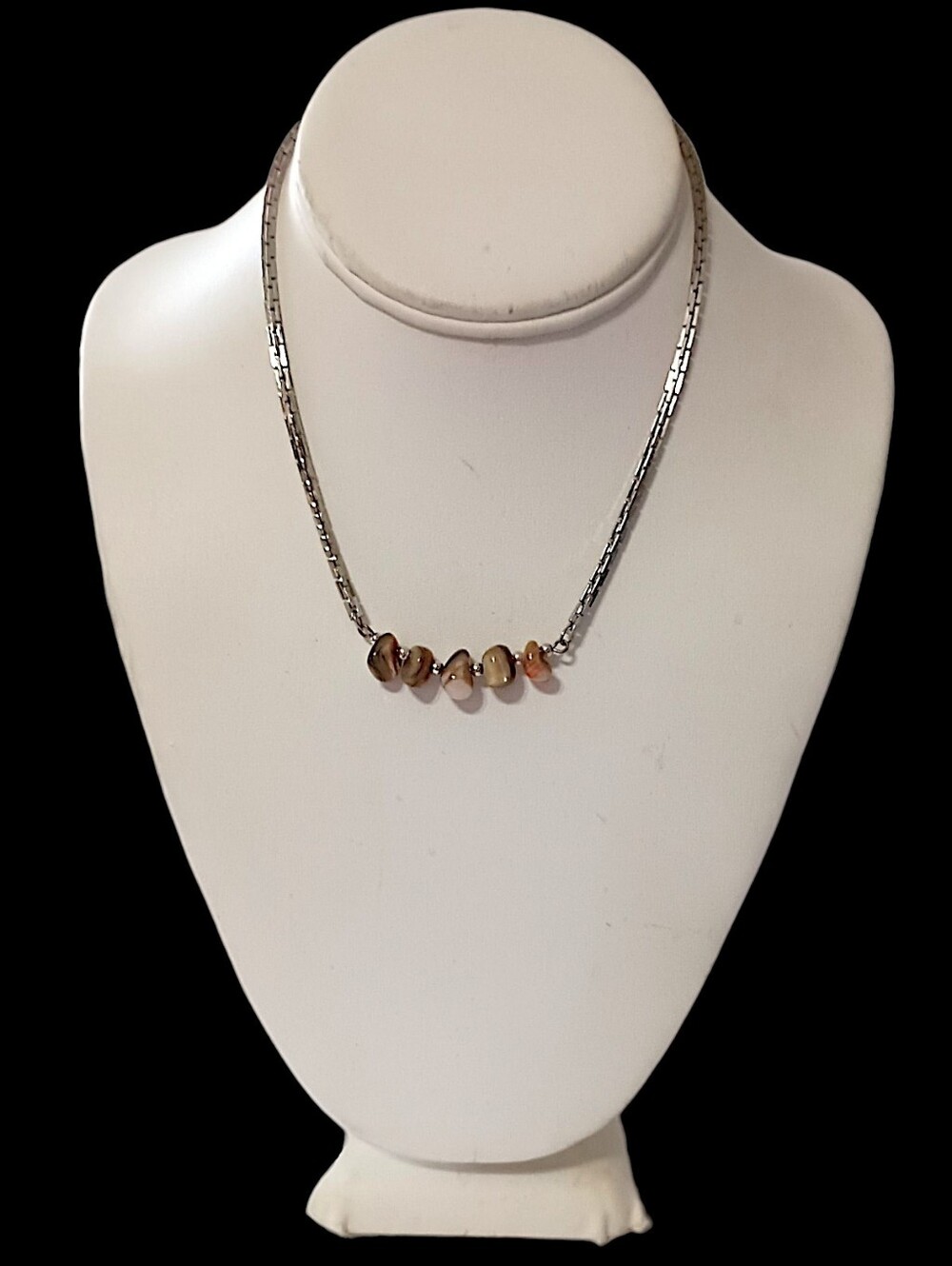 Vintage Agate Gemstone Bead Cluster Pendant Beaded Bar Necklace Silver Tone